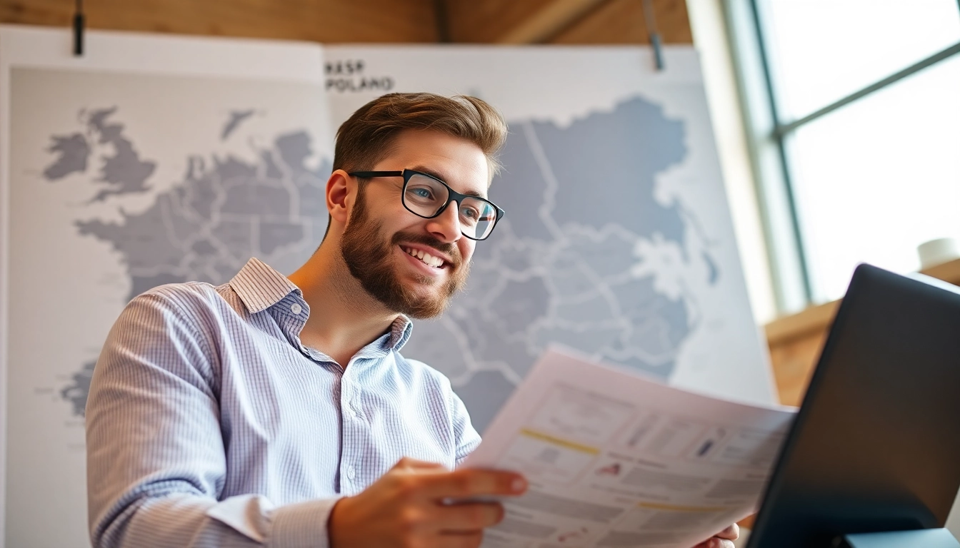 Entrepreneur discussing Polonya'da Şirket Açmak with Poland map in background.