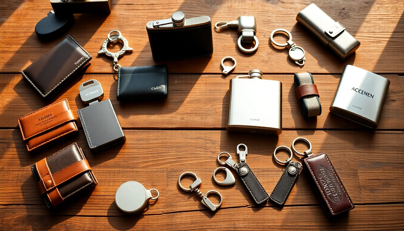 Showcasing cheap groomsmen gifts like personalized wallets, flasks, and keychains on a wooden table.