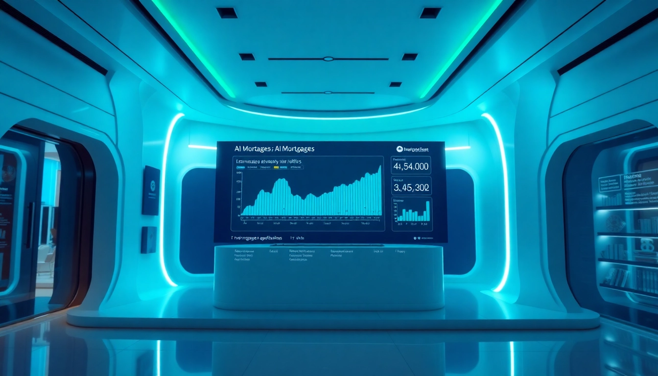 Visualize the mortgage process with AI, highlighting a digital loan application interface in a modern bank.