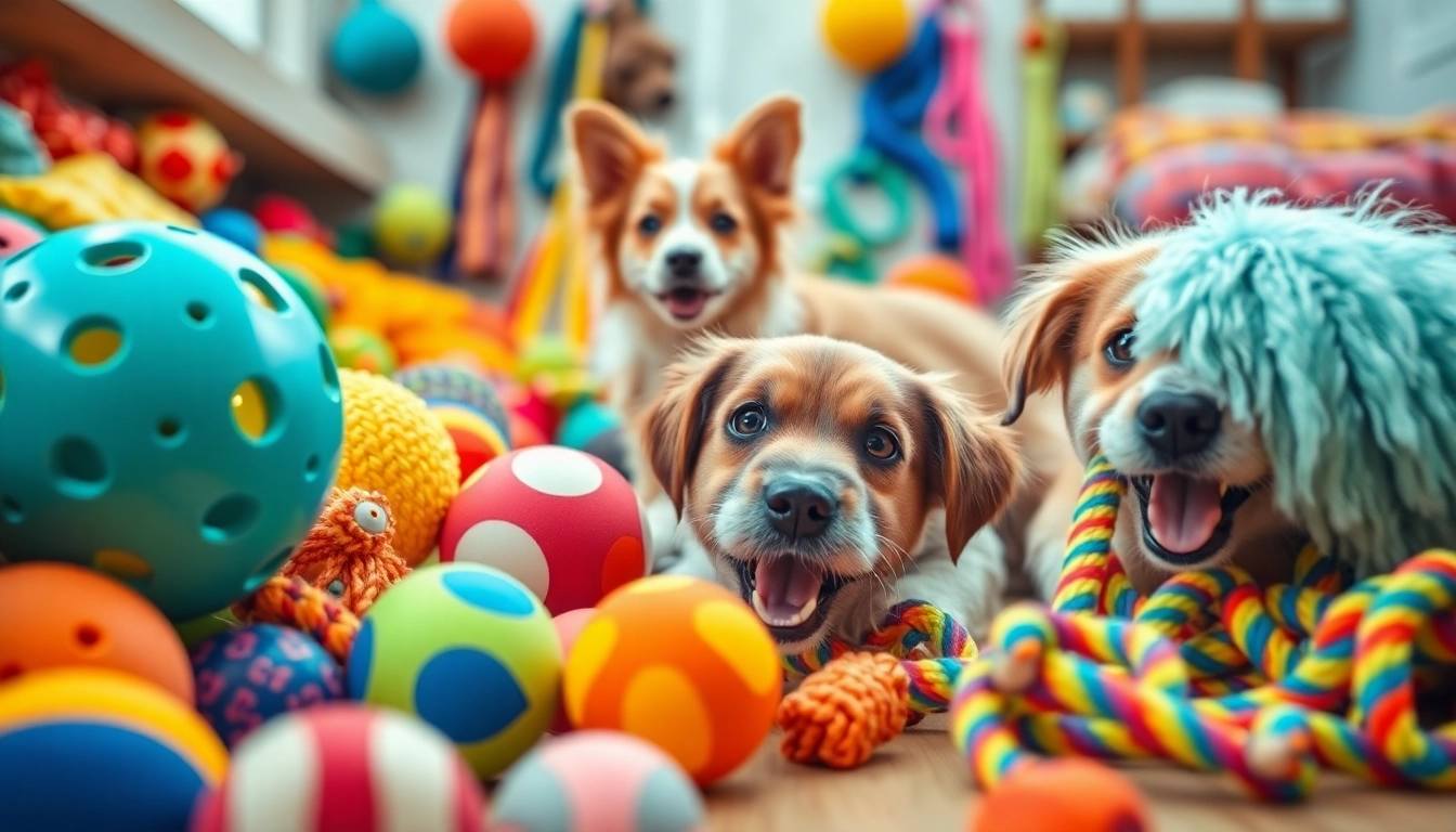 Playful dog engaging with an array of colorful pet toys, showcasing fun and interaction.