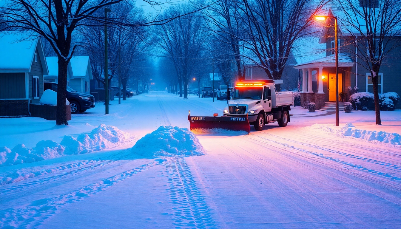 Snow plowing vehicle clearing the road in a quiet neighborhood during winter.