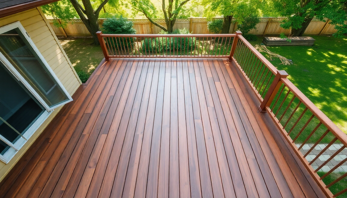 Explore deck construction with a stunning view of a wooden deck being built in a serene backyard.