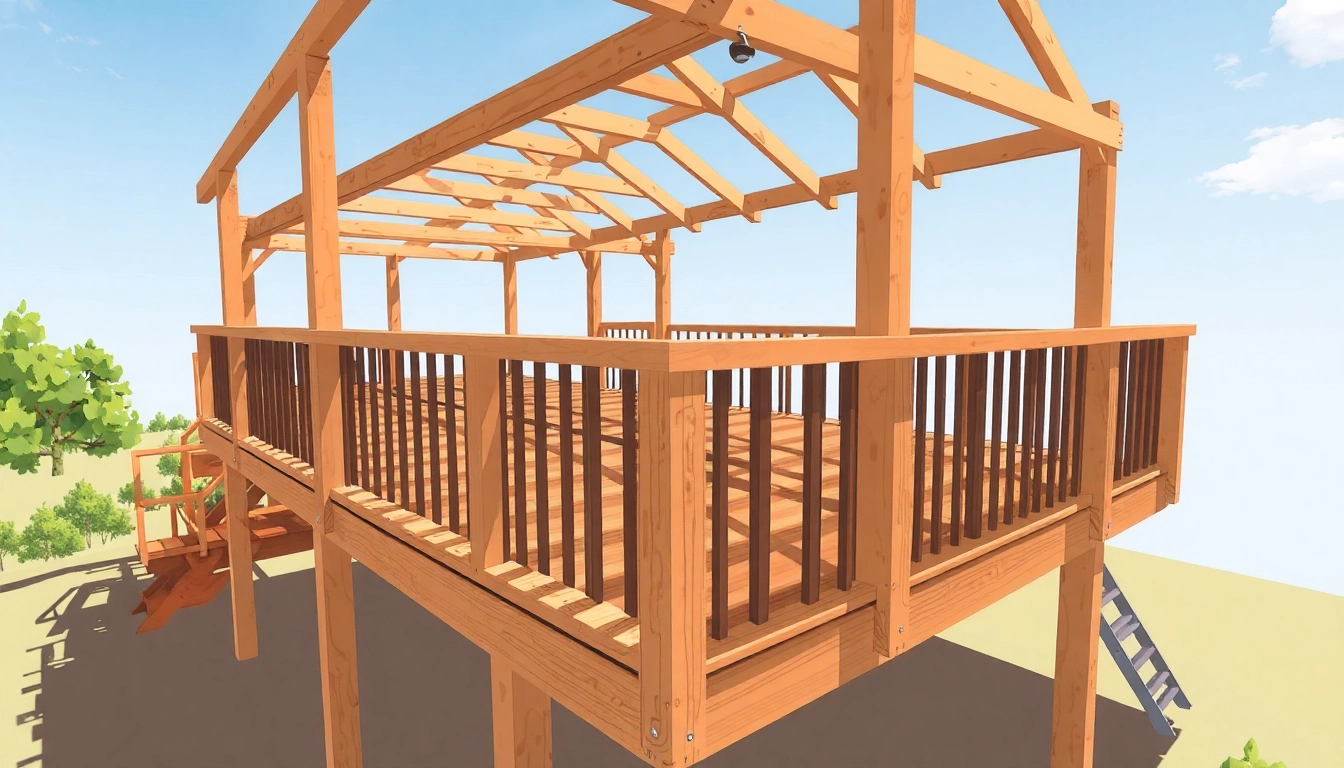 Visualize the deck construction process, showcasing timber framing with structural details.