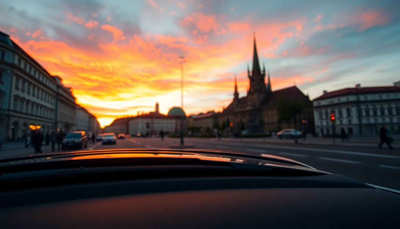 Experience professional driver hire Prague in a luxury vehicle against a stunning Prague sunset.