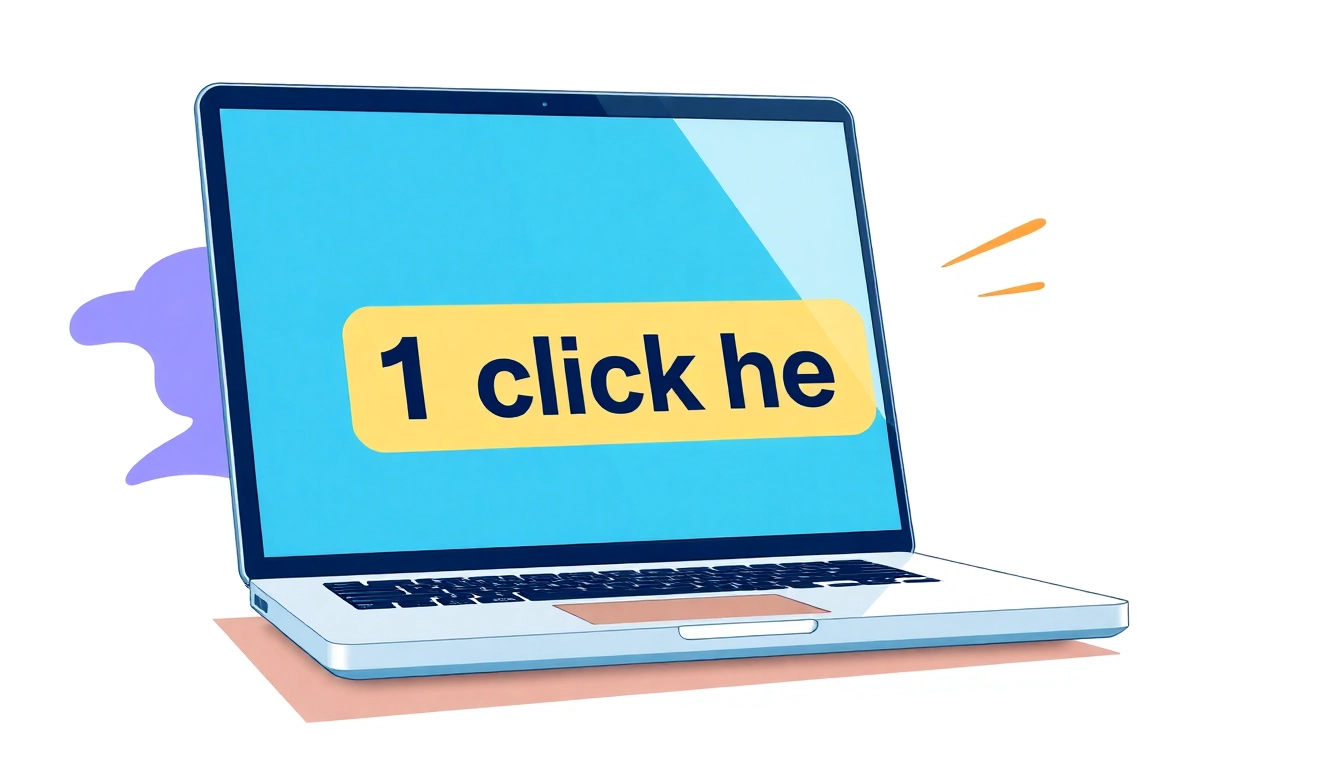 Engage with the easy "1click here" feature prominently displayed on a sleek laptop illustration.