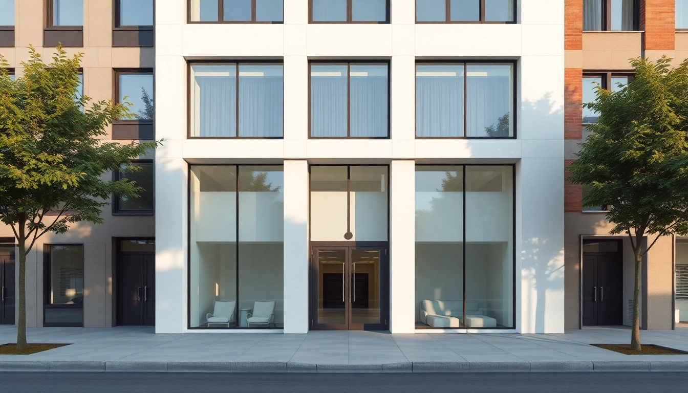 Showcasing a Facade Redesign of a sleek urban building with glass panels and modern lines.