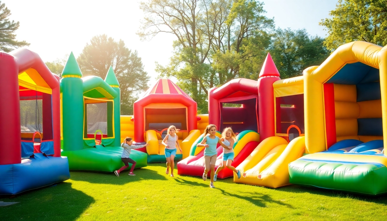 Bounce Houses for Rent Near Me featuring colorful inflatables in a sunny park, perfect for children's fun.