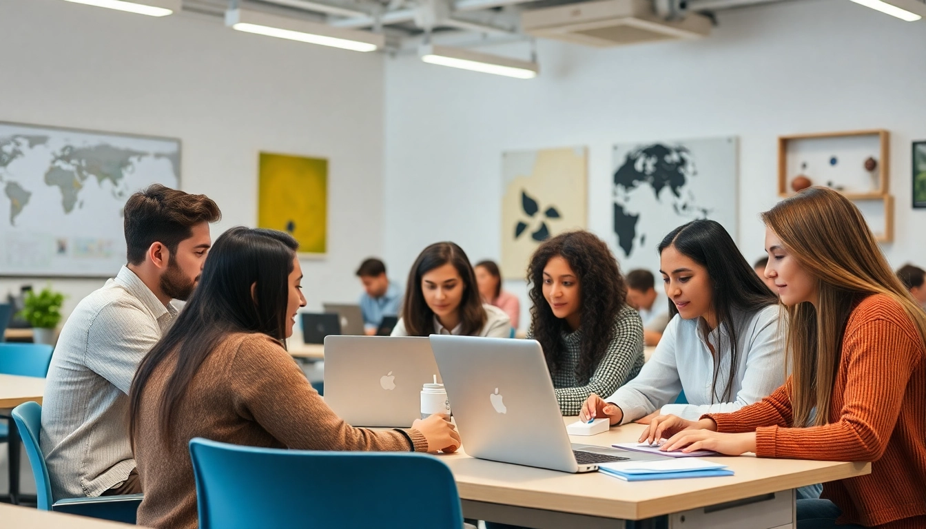 Students collaborating on digital media projects in a Digital Marketing Diploma Κύπρος course.