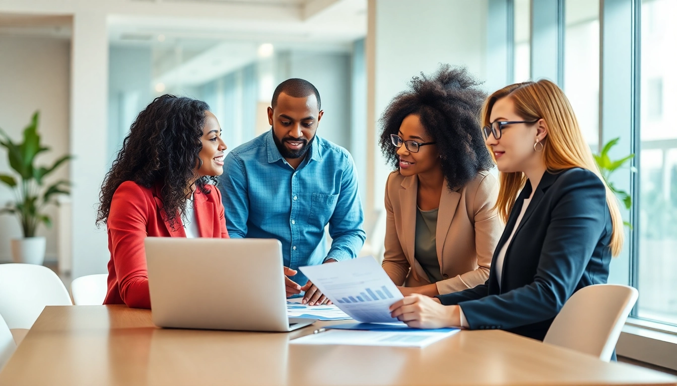 Discussing payroll solutions with a diverse team in a modern office environment.