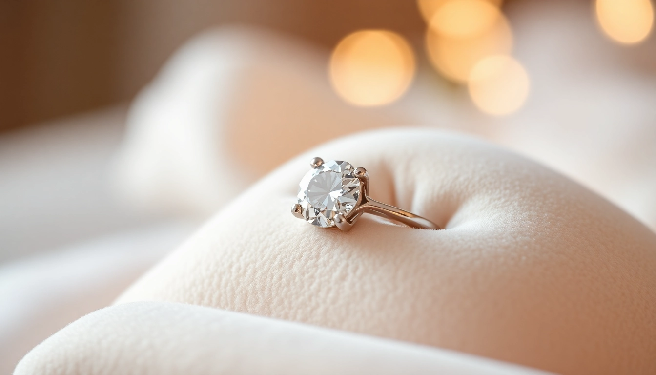 Showcase a beautiful 2 Carat Engagement Ring with a sparkling diamond on a plush surface.