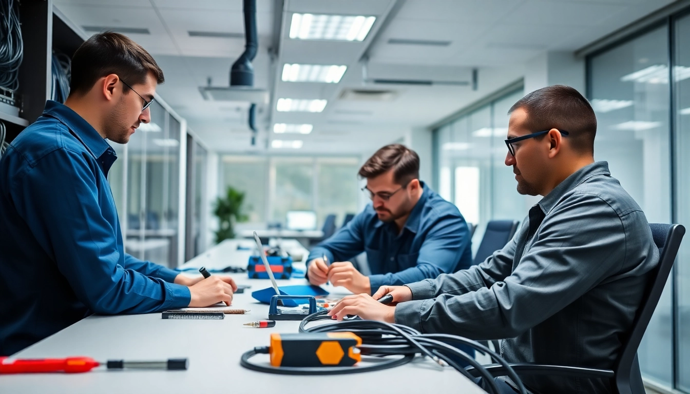 Technician providing Data Cable Installation service in a modern office environment, showcasing skill and expertise.