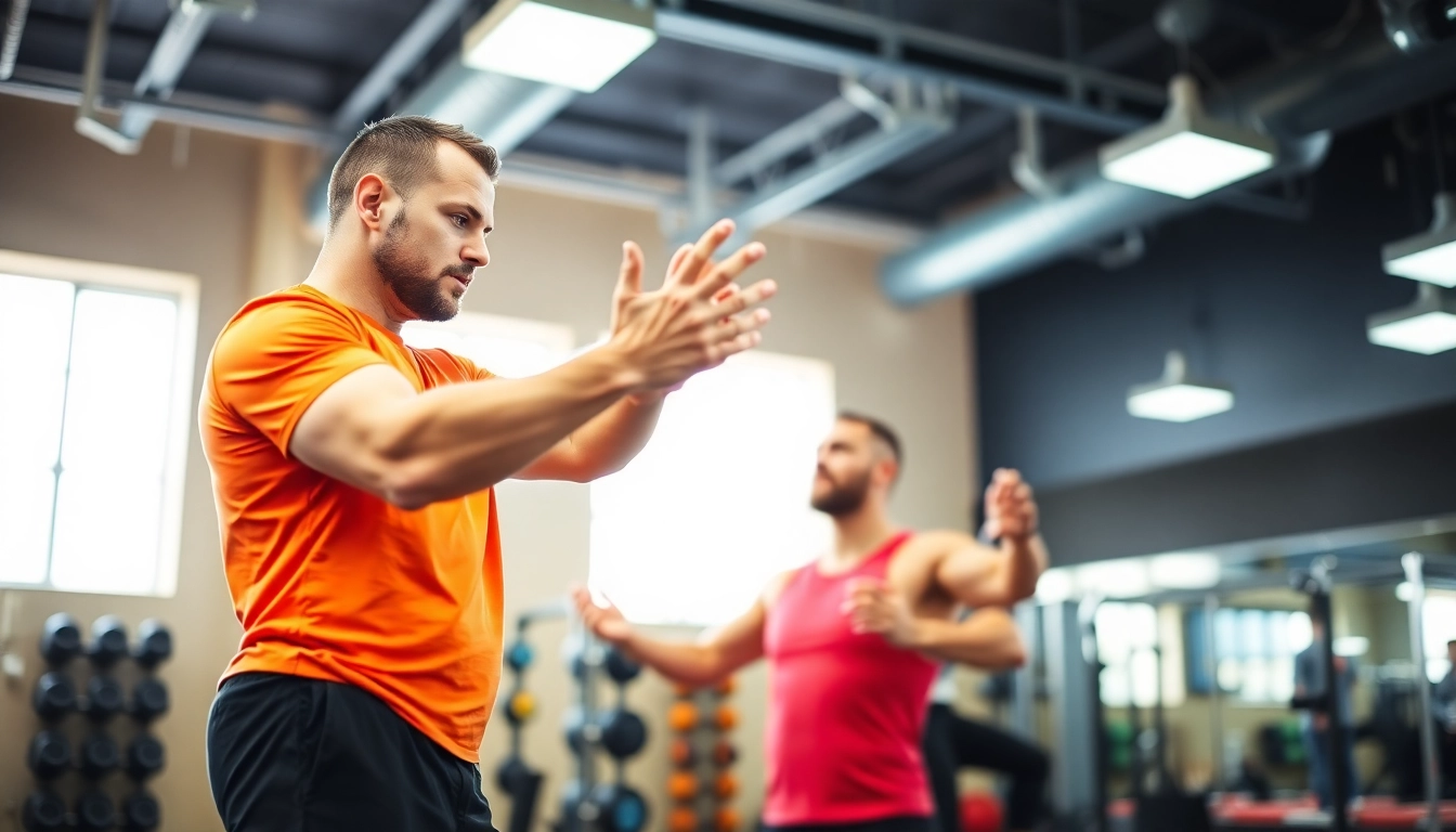 Effective Personal Trainer guiding a client through a workout session in an energetic gym setting.