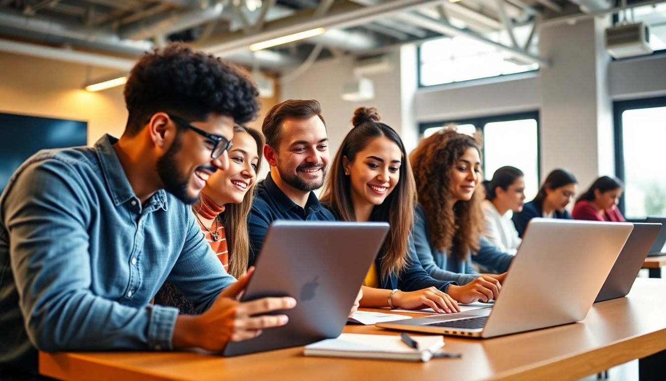 Students participating in a Δίπλωμα Digital Marketing Κύπρος class, collaborating on marketing strategies.