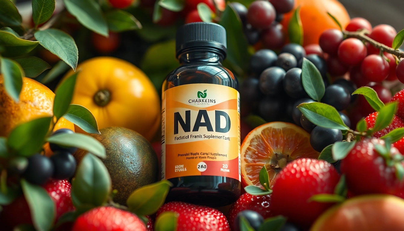 Enhance energy with a vibrant NAD Supplement bottle surrounded by fresh fruits and greens.