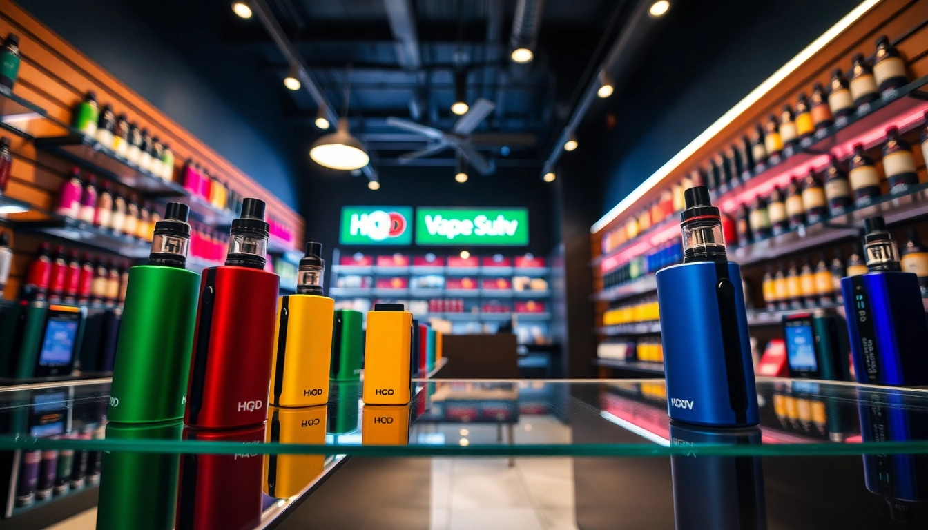 Explore HQD Surv kaufen in a vibrant vape shop showcasing colorful vape devices.