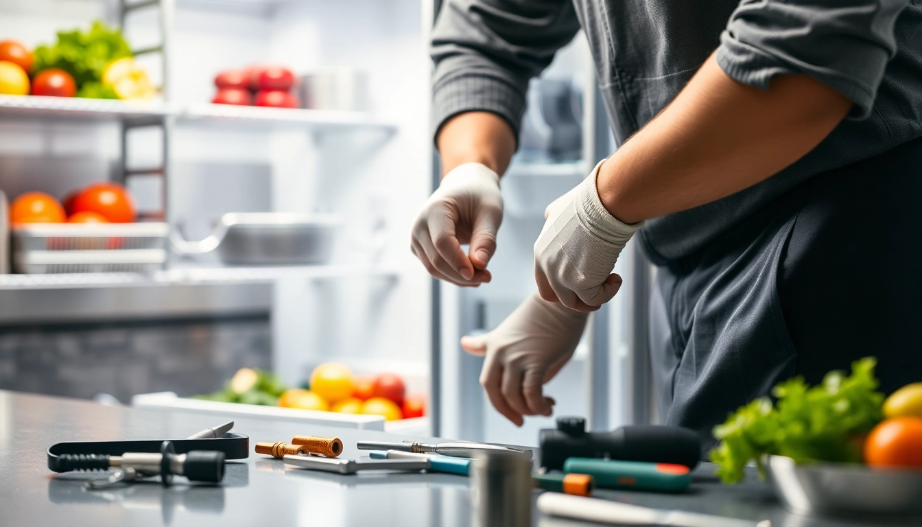 Chef base repair process with a technician working on a refrigerator, focusing on precise details of the replacement parts.