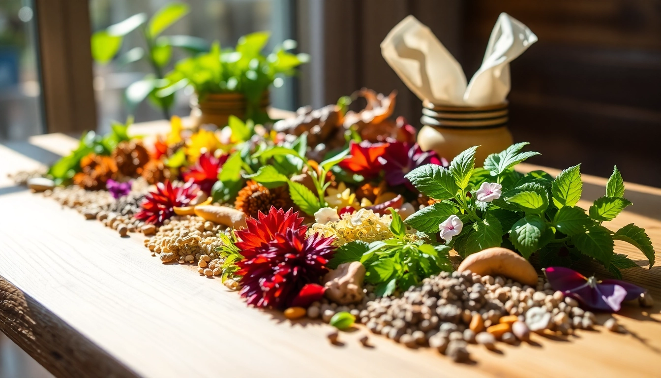 Tobacco Replacement options displayed artistically with colorful herbs on a wooden table.