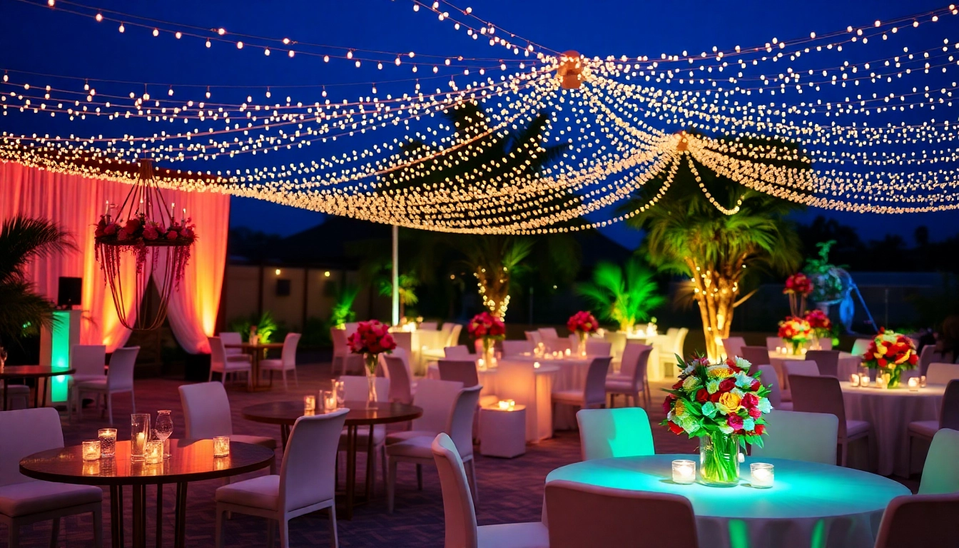 Host a unique event with vibrant decorations and inviting seating arrangements at sunset.