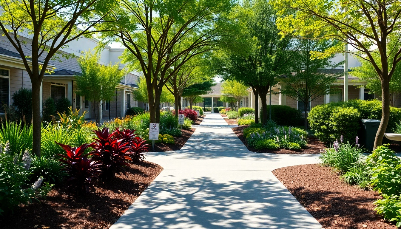 Commercial landscaping contractors maintaining a vibrant and welcoming landscape with diverse flora.