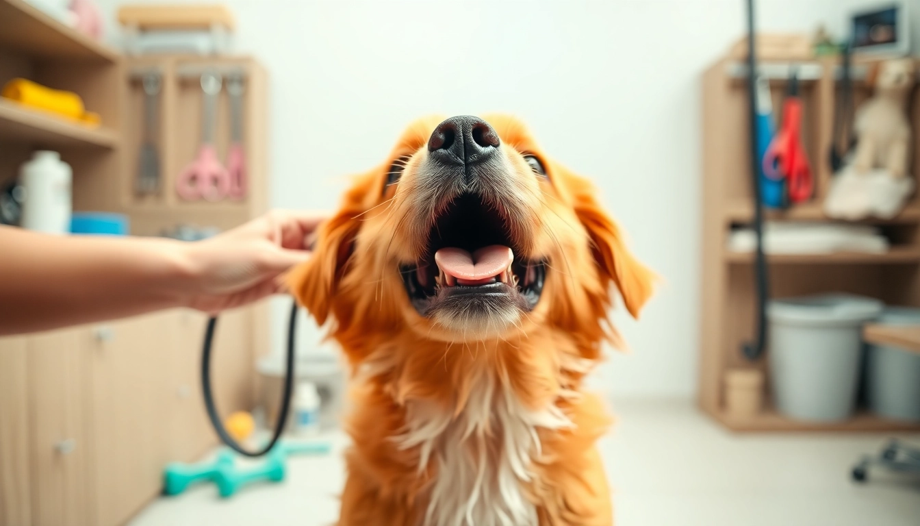 Kate's K9 Pet Care grooming a joyful dog in a bright, welcoming environment.