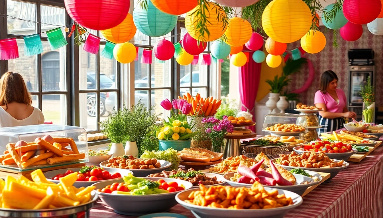 Serving delicious food for a Partyservice Berlin event with vibrant decorations and inviting ambiance.