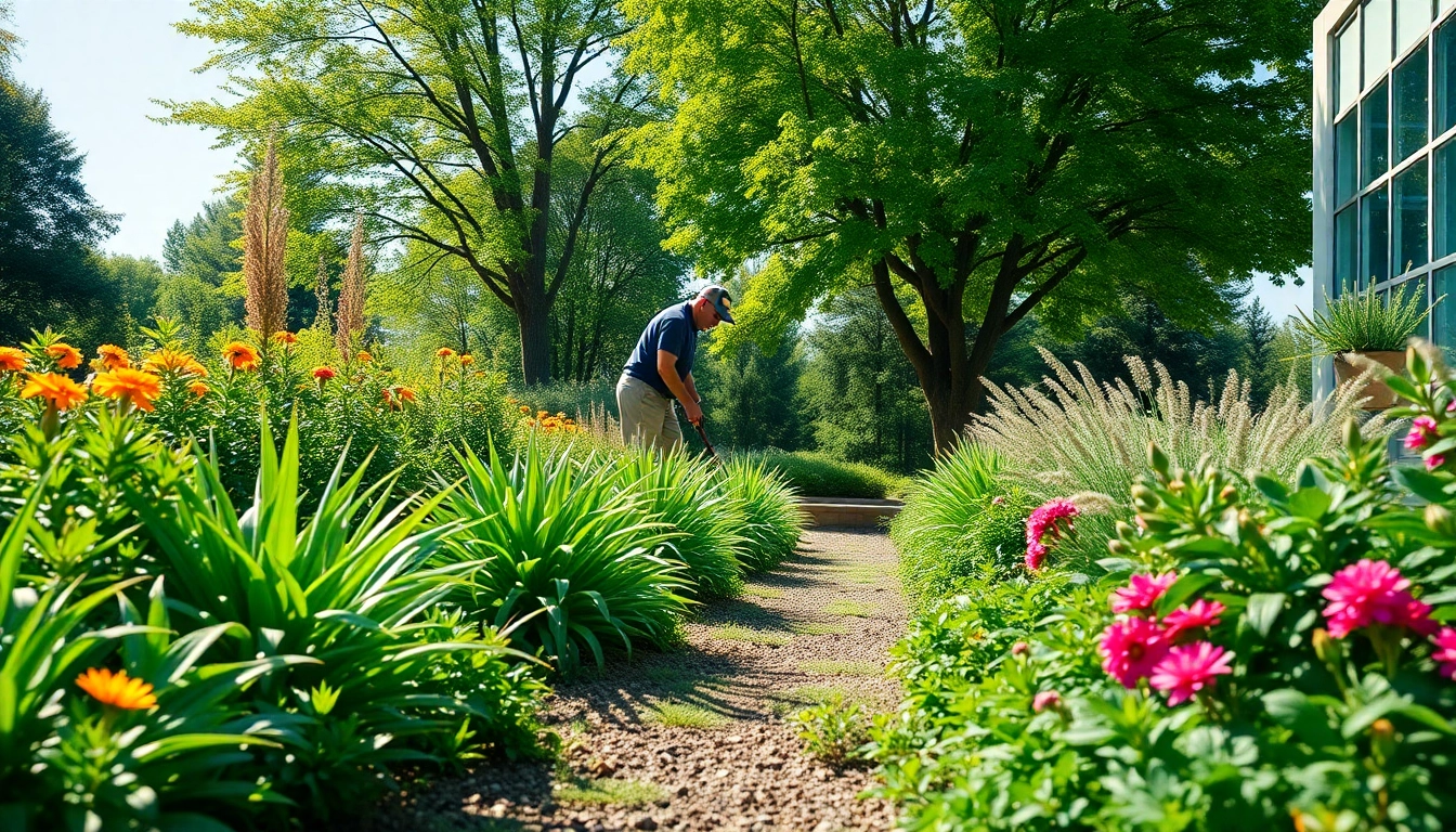 Engaged commercial landscaping contractors creating a beautiful outdoor space with vibrant greenery.