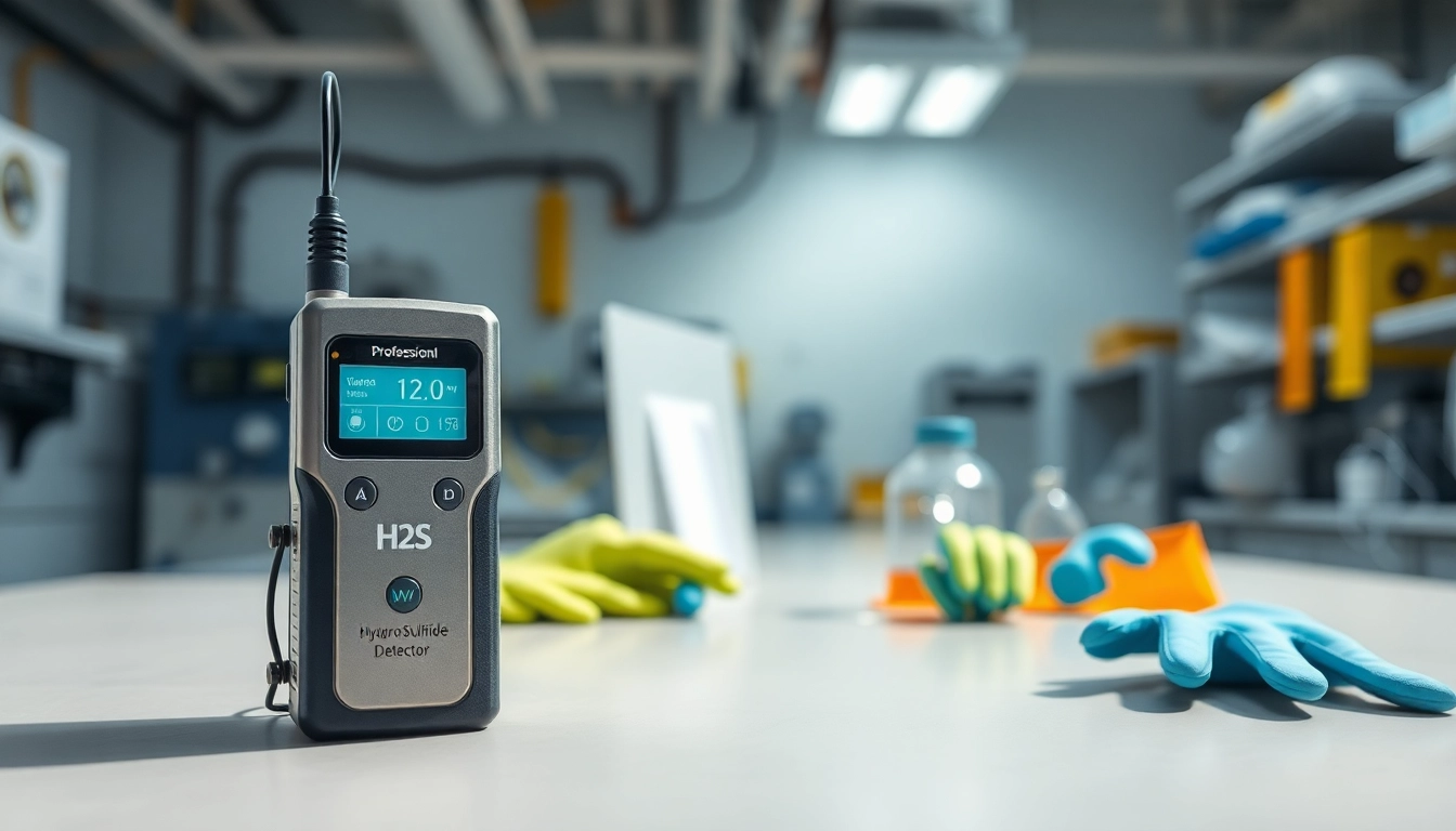 Showcasing a Hydrogen Sulfide detector on a lab workbench, highlighting safety technology.