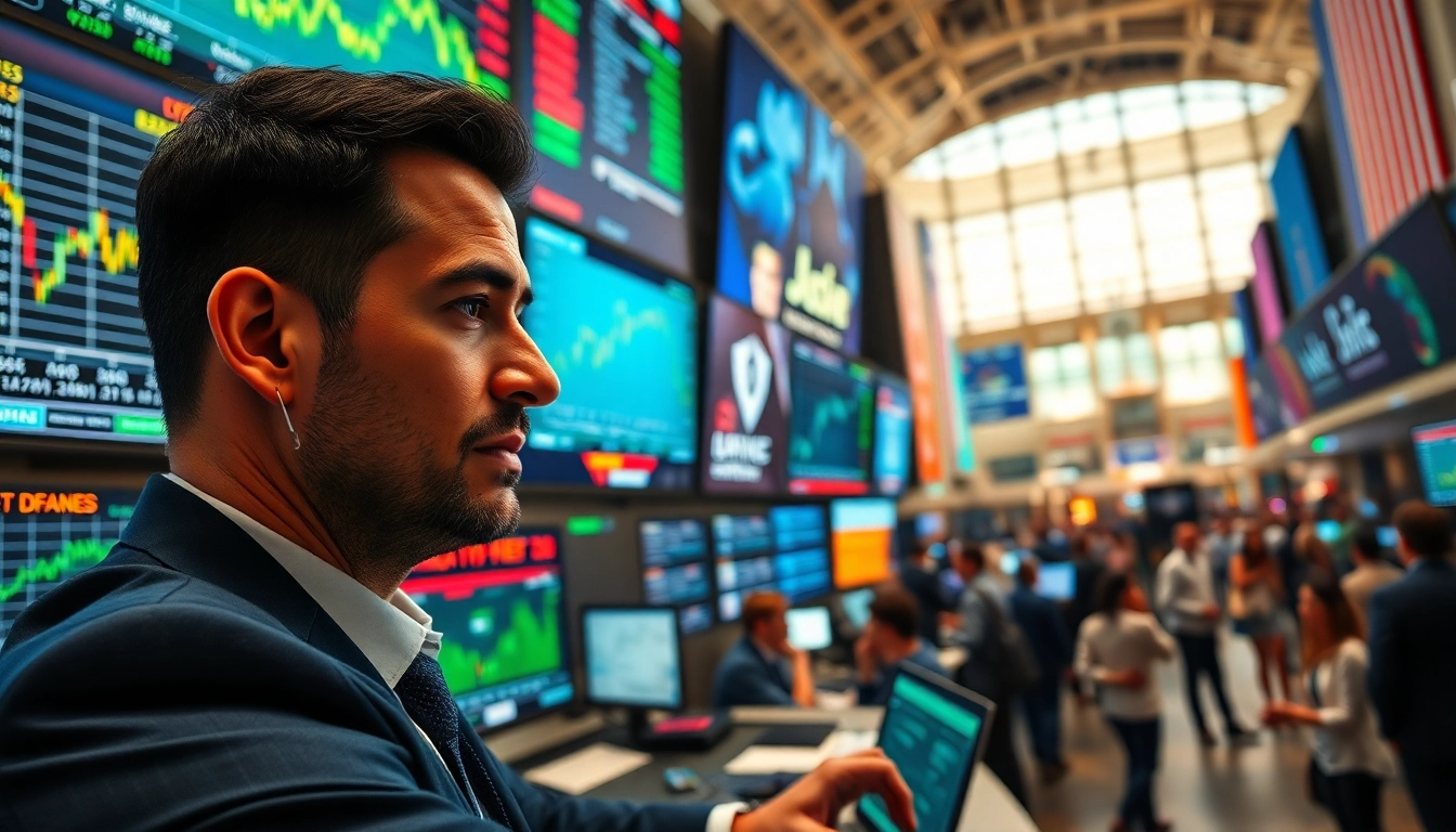 Trader focusing on trade futures in a dynamic stock exchange with digital displays.