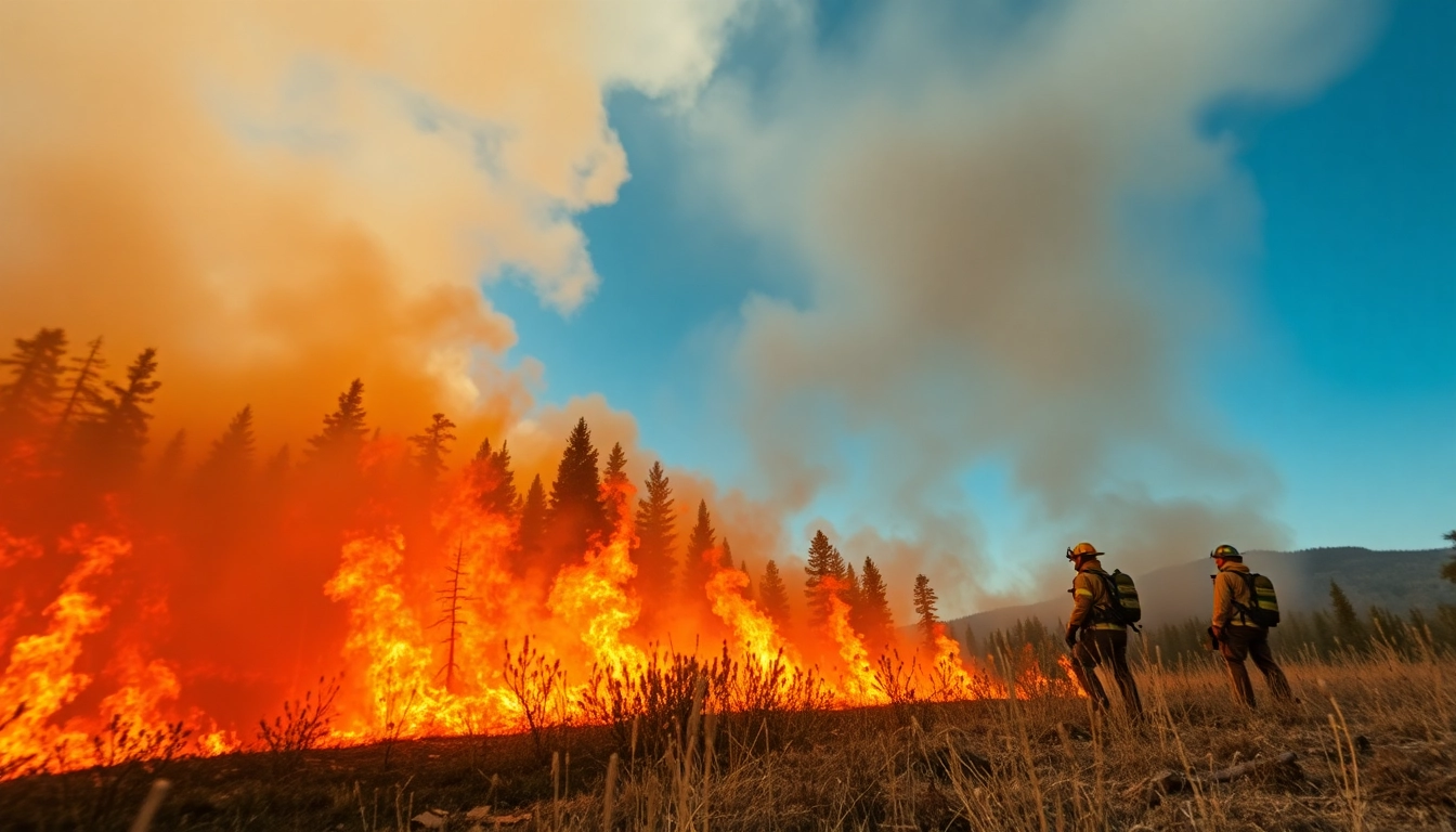 Firefighters battling wildfire events amidst raging flames and dense smoke.