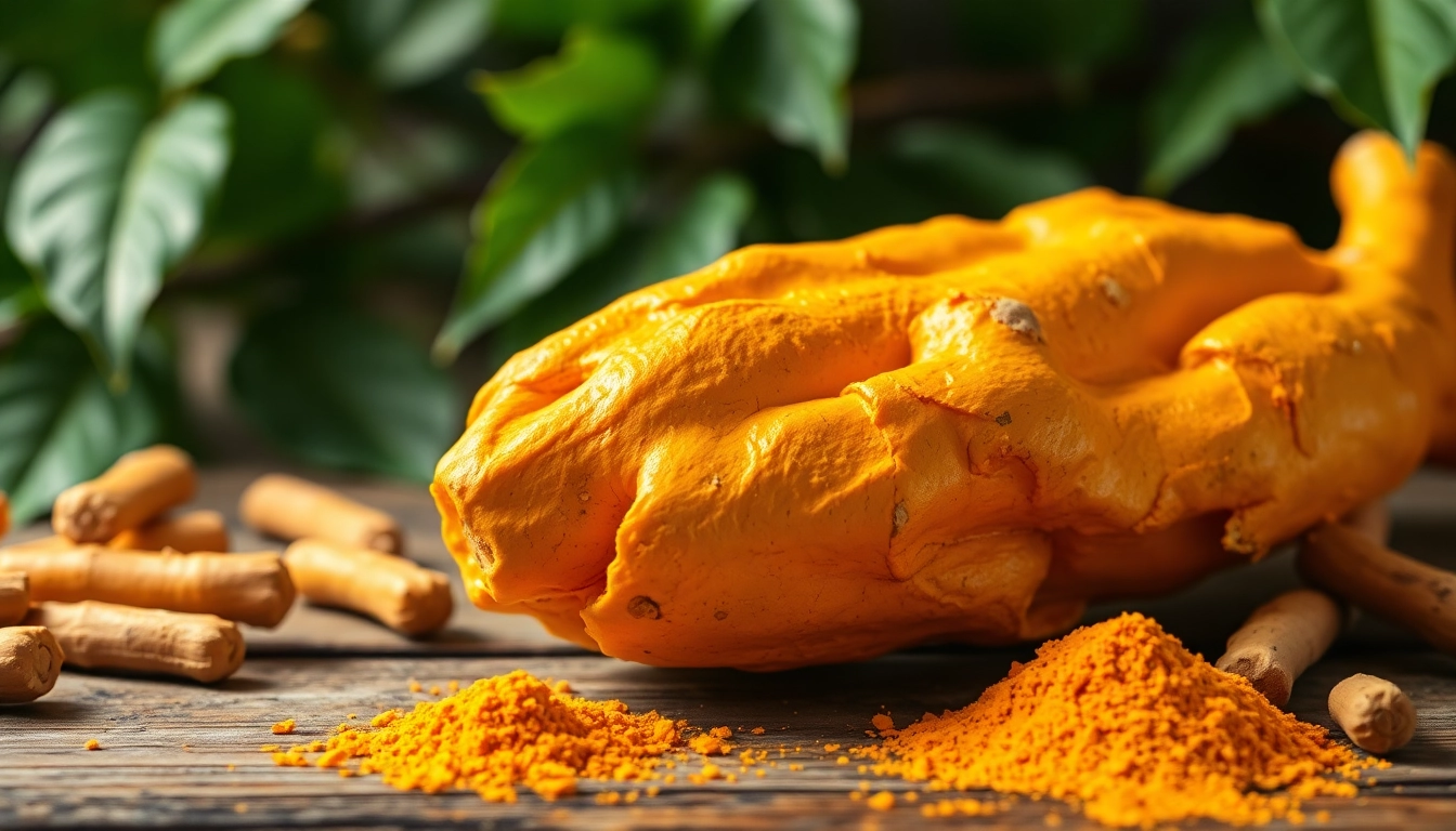 Turmeric Root showcased with fresh and dried elements, emphasizing natural wellness.