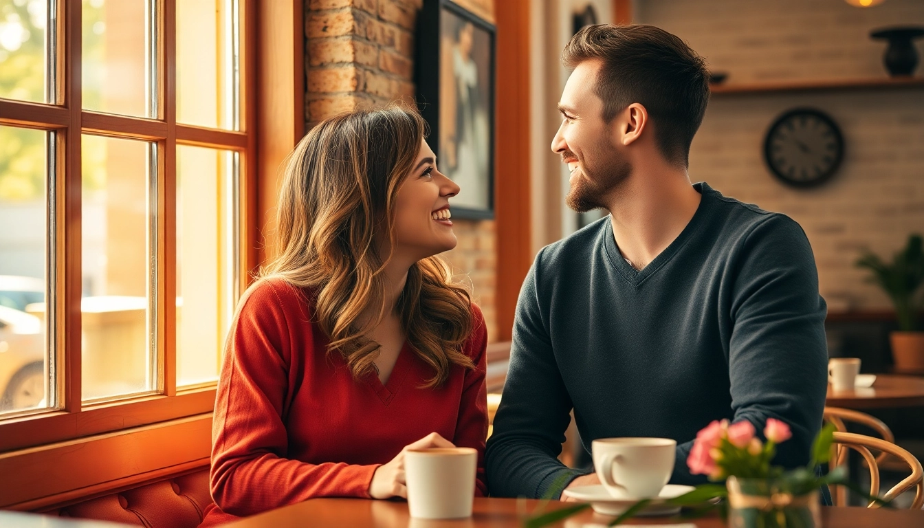 Couple laughing in a cozy café as they crush on each other over coffee.