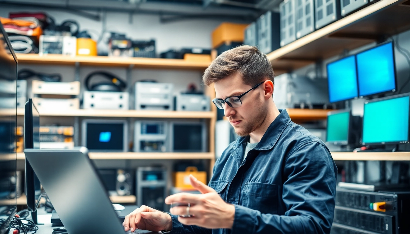 Riparazione computer torino: Tecnico al lavoro nella riparazione di un laptop in un laboratorio modernamente attrezzato.