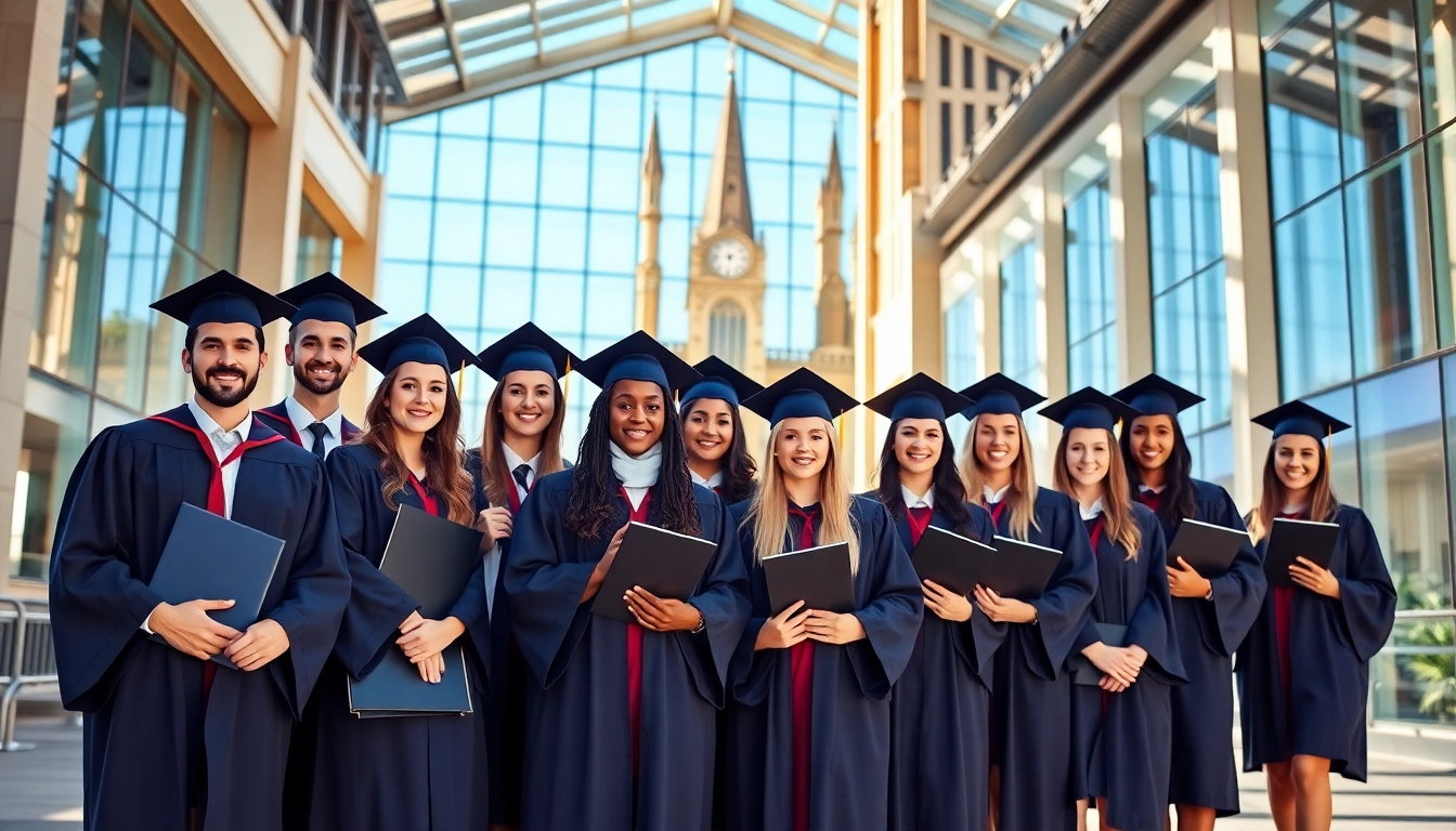 Showcase of graduates proudly holding their original UK degrees against a university backdrop.
