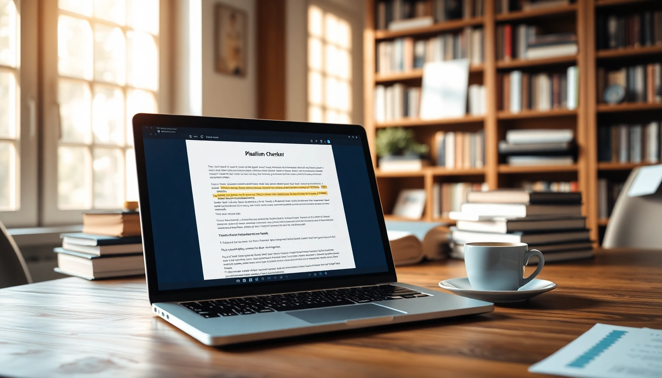 Use a plagiarism checker to ensure original work is highlighted on a laptop.