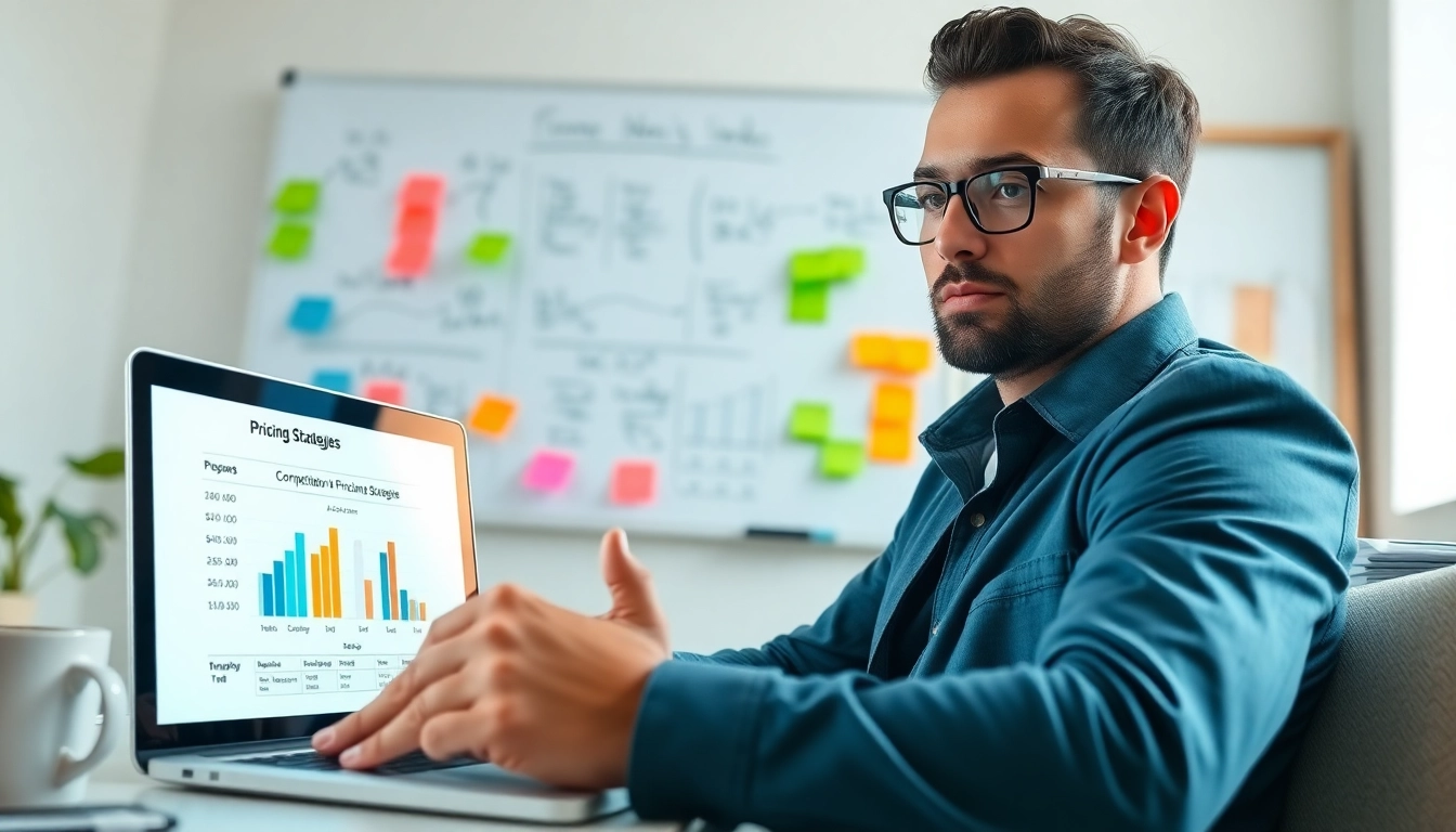 Analyze competitor pricing strategies using a digital device in a professional office setting.