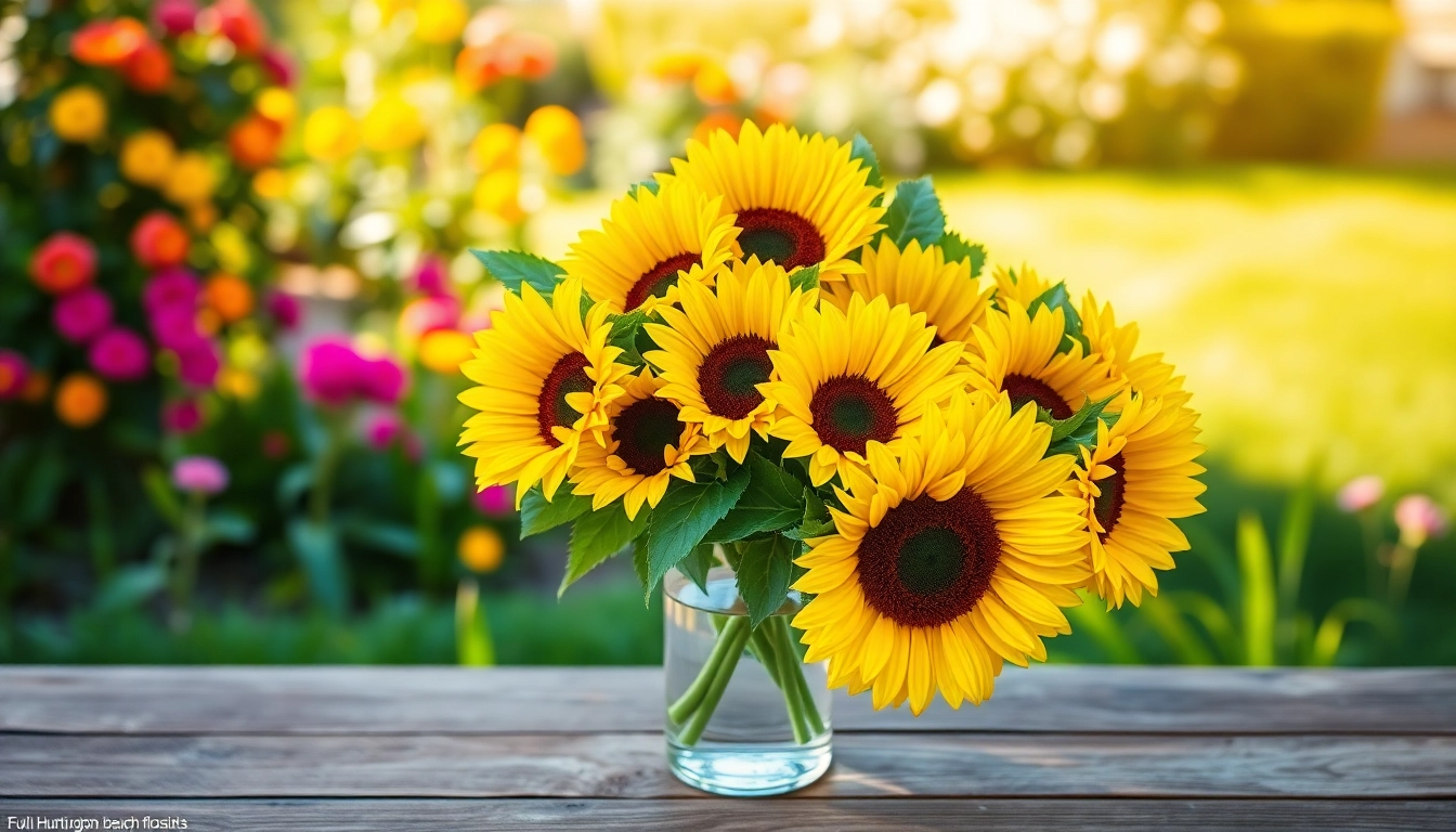 Bright sunflower bouquet showcasing Huntington Beach florist arrangements on a garden table.