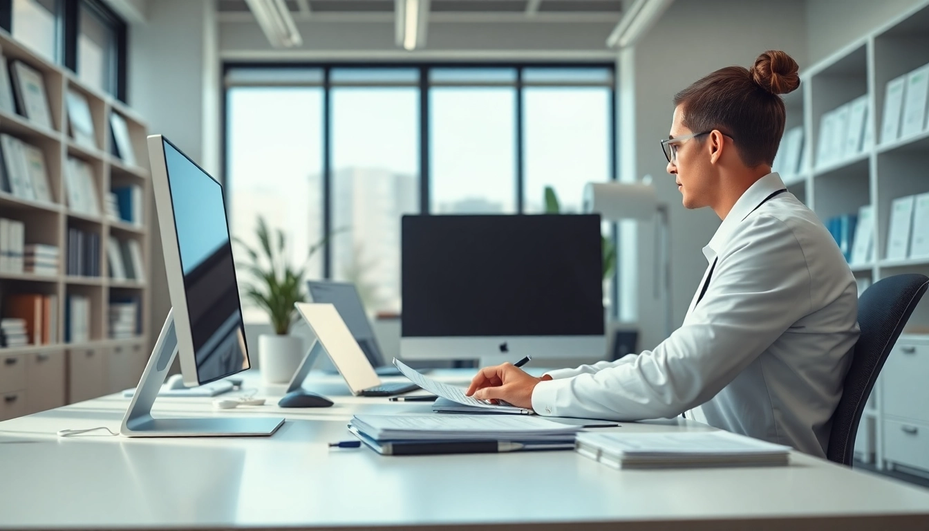 Illustration showcasing a professional medical coder in a bright office, highlighting medical coding certification.
