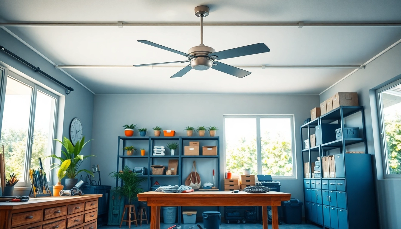 Learn how to keep garage cool in summer with a well-organized, ventilated garage interior featuring a ceiling fan.