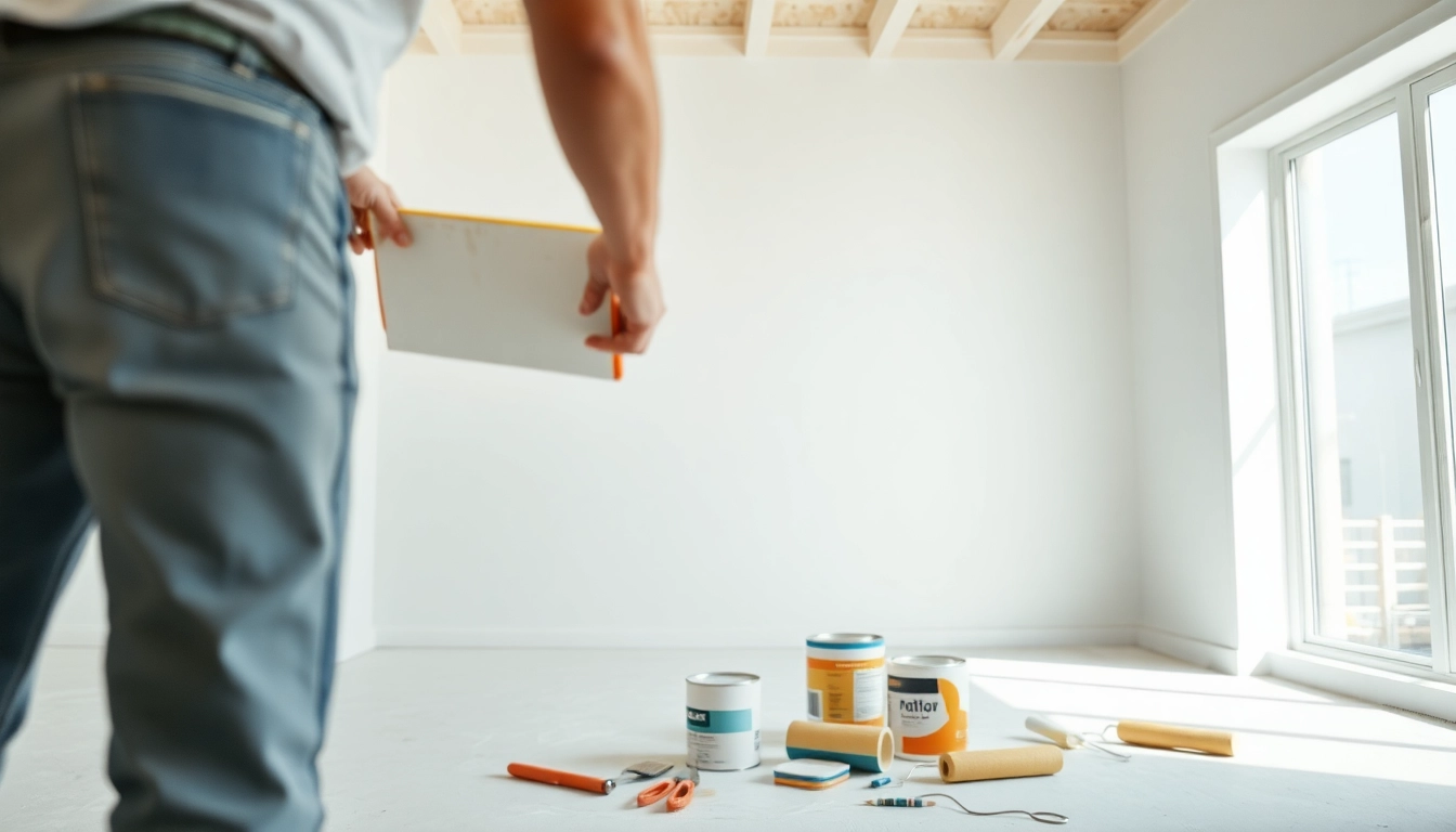 Drywall painting process with a painter applying paint on smooth drywall surface.