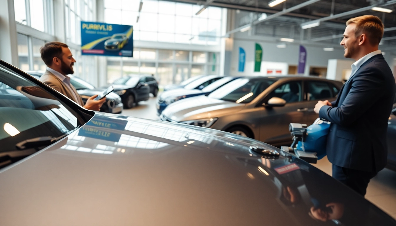 Engaging part exchange negotiation scene at a car dealership with a focus on customer interaction.