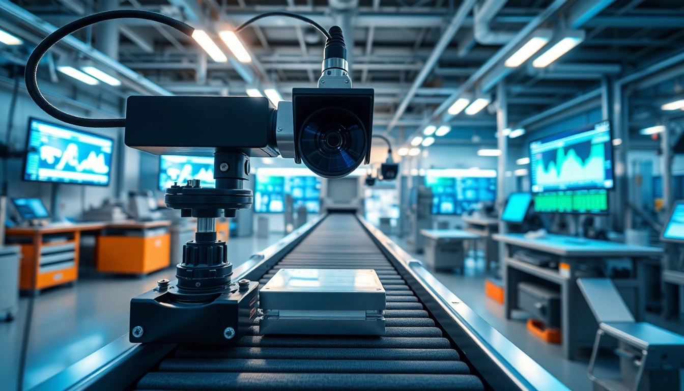 Automated machine vision technology inspecting products in a modern industrial setting.