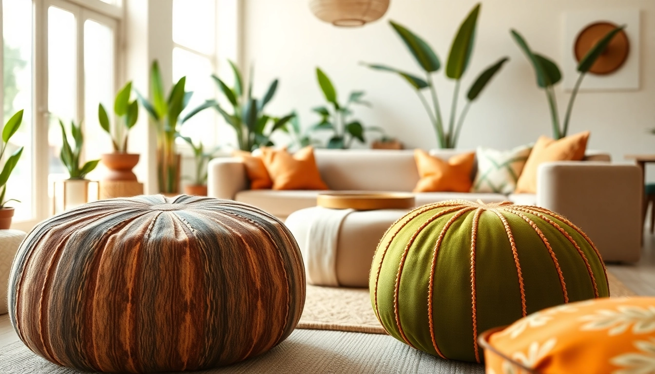 Cactus silk Poufs beautifully displayed in a sunlit living room, highlighting their unique textures and vibrant colors.