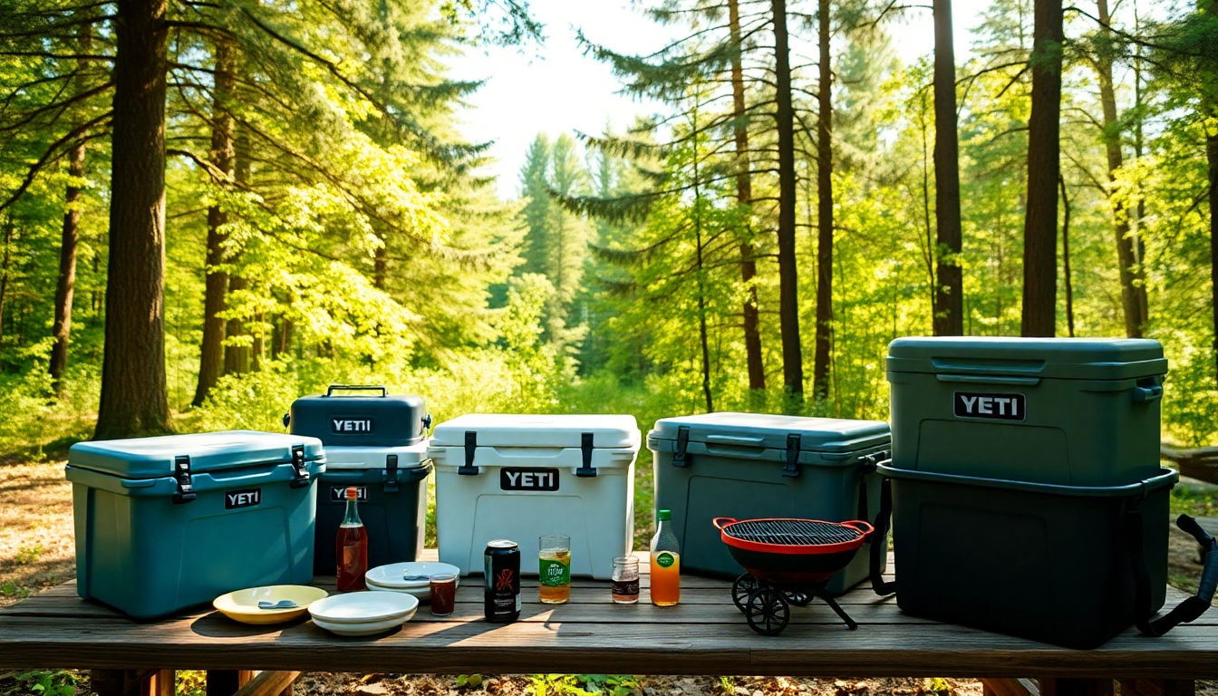 Discover cooler companies like Yeti displaying diverse outdoor coolers in a natural forest setting.
