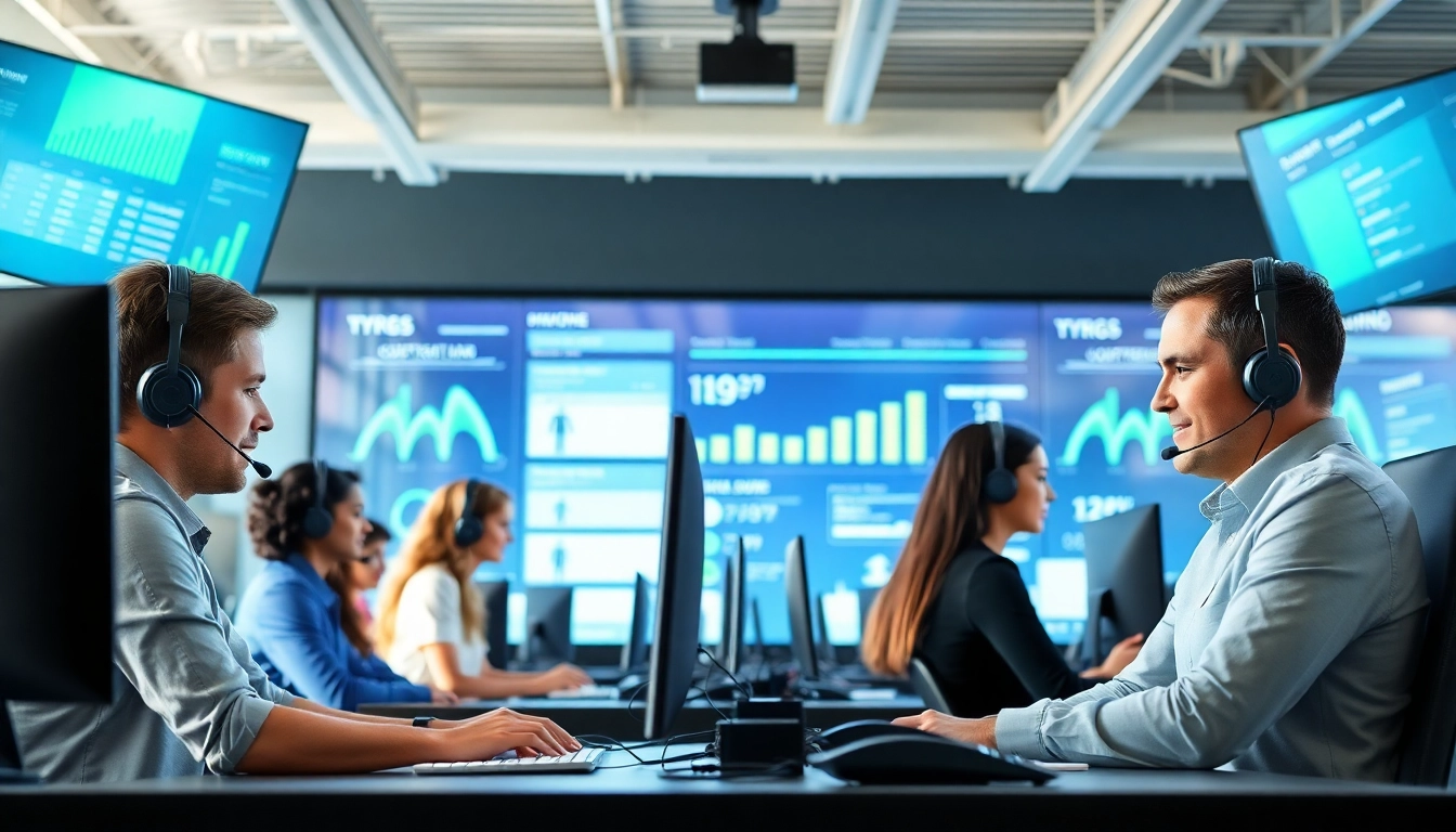 Engaging call center solutions team collaborating effectively in a modern workspace.