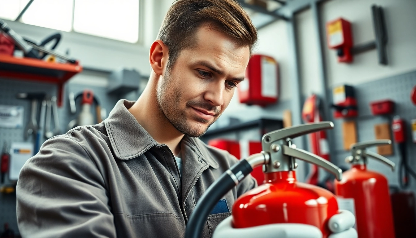 Technician conducting fire extinguisher servicing Lichfield in a bright workshop environment.