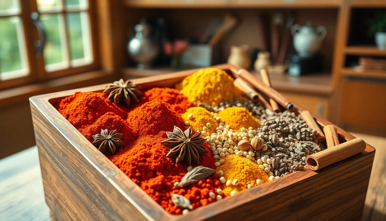 Utiliser des épices orientales variées dans une boîte traditionnelle pour cuisiner