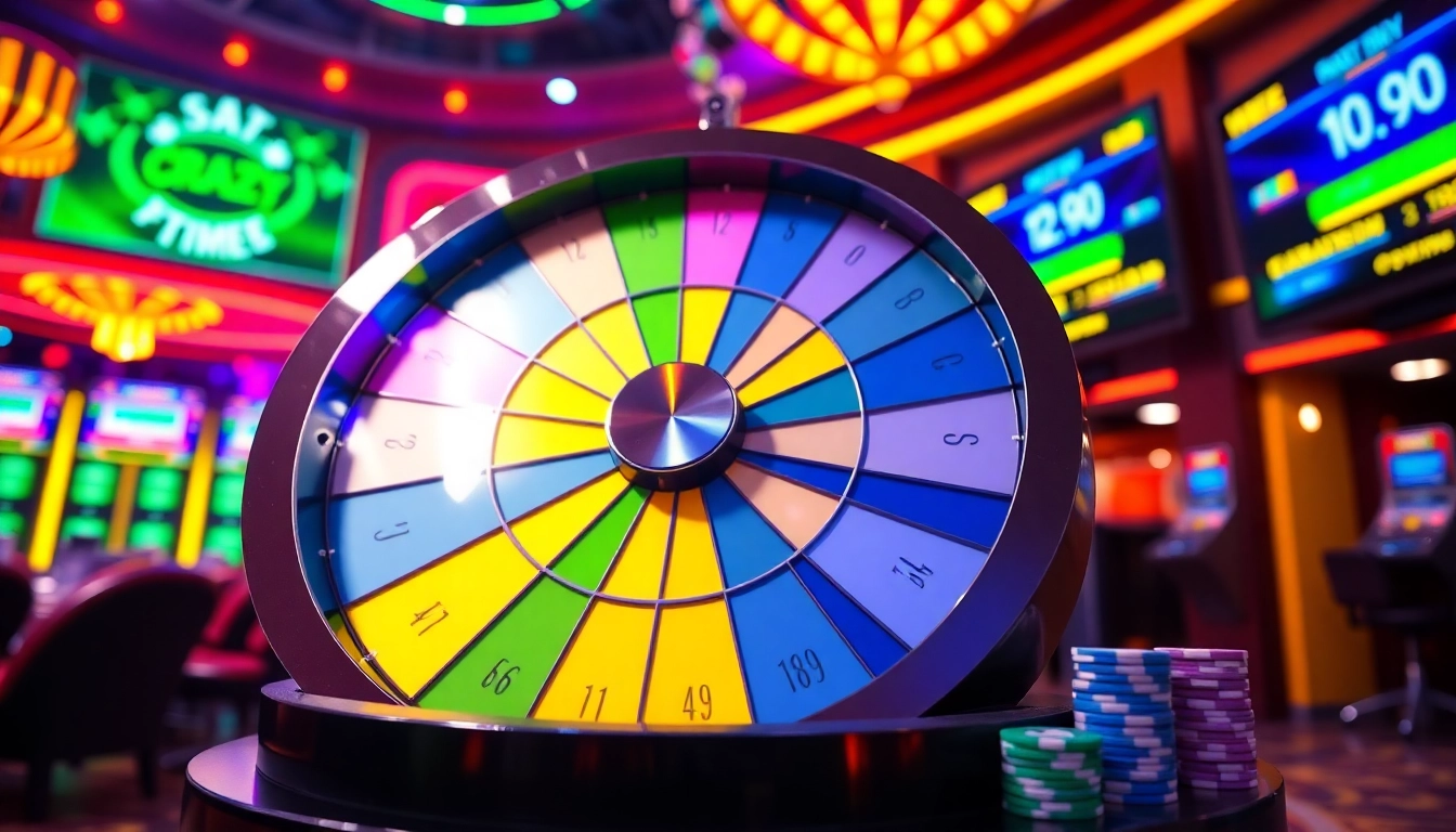 View of a colorful wheel with segments showcasing crazy time stats, highlighting vibrant casino excitement.