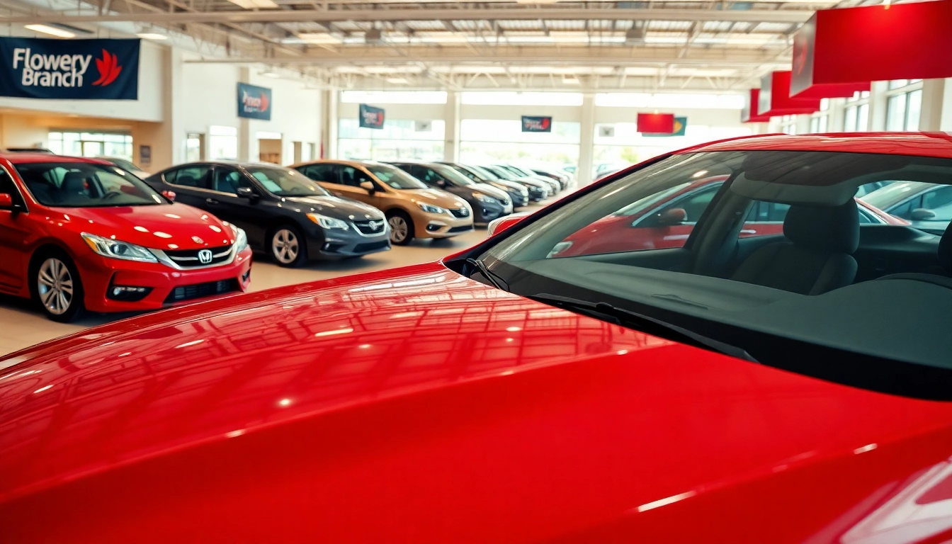 Browse flowery branch used cars in a well-lit showroom featuring a shiny red sedan.