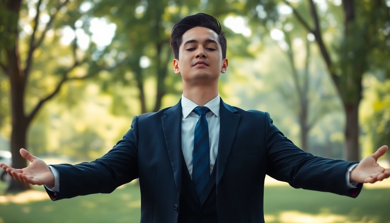 Person dealing with stress through deep breathing in a tranquil outdoor setting.