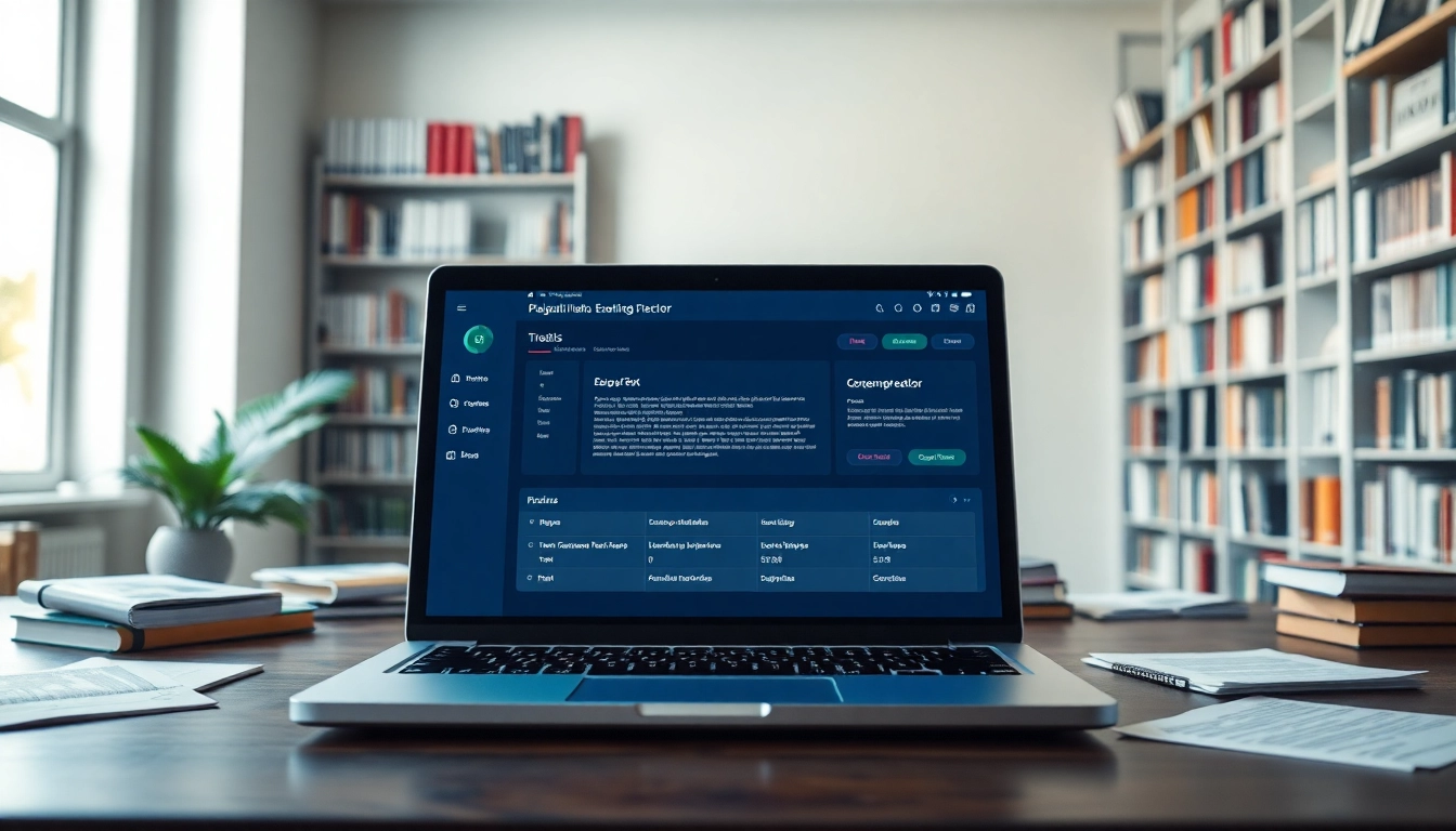 Engaging plagiarism detector interface displayed on a laptop screen in a study environment.
